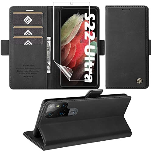 Handyhülle für Samsung Galaxy S22 Ultra 5G Hülle mit Schutzfolie, Standfunktion Kartenfach Wallet Premium Leder Schutzhülle S22 Ultra Flip Case Cover Stoßfeste Klapphülle 6,8 Zoll