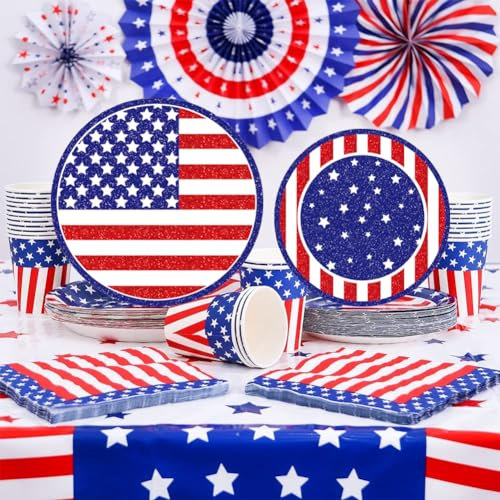 Service de vaisselle pour 16 invités - Drapeau américain pour le 4 juillet - Décoration patriotique pour anniversaire, barbecue américain fête de l'indépendance,idéales pour patriotique du 4 juillet