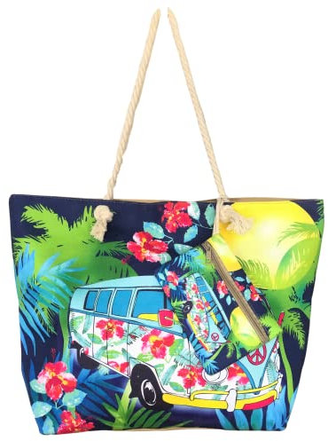 SUN & SURF Grand sac de plage pour femme avec fermeture éclair 60 x 40 x 20 cm. nacelle d'été avec poignées en corde d'épaule. Poches intérieures avec fermeture éclair, Hippie, XL, Hippie
