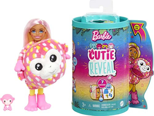 Barbie Cutie Reveal, Chelsea Puppe mit Affenzubehör, 7 Überraschungen, Haustier, Farbwechseleffekt, inkl Cutie Reveal Puppe, Geschenk für Kinder, Spielzeug ab 3 Jahre,HKR14