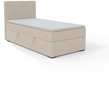 FEDVE Boxspringbett 80x200 Beige – Gandia Mini – Praktisches Bett mit Bettkasten Rechts – Gemütlich Kopfteil Bett mit Matratze – Einzelbett zum Schlafzimmer