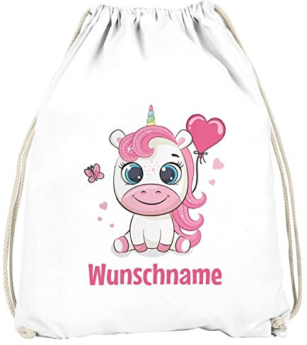 SpecialMe® Kinder Turnbeutel mit Name Einhorn Wunschname Herz personalisierte Geschenke Mädchen weiß Unisize