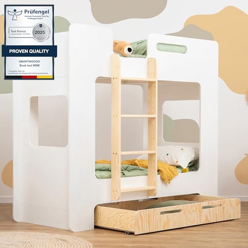 smartwood litera Mimi DL - Escalera Izquierda litera 80x190 con somier y protección contra caídas - Cama Infantil con Cajon - Cama Montessori con protección contra caídas y somier - Blanco