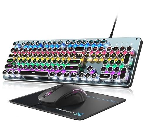 Tastiera e mouse meccanico per macchina da scrivere, tastiere da gioco a 104 tasti, stile retrò, pannello in metallo, stile punk, con interruttore blu Clicky con mouse retroilluminato RGB e pad combo