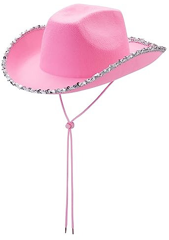 DELIMALI Cowgirl-Hut, Cowboyhüte für Damen, flauschige Federkrempe, Cowboyhut für Junggesellinnenabschied, Cosplay, Kostümparty, B-Rosa-Silber-Seite, Einheitsgröße