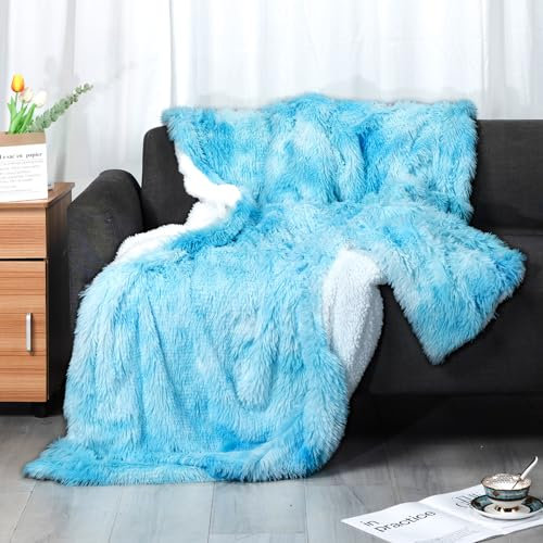Caregchrisj Couverture Plaid Polaire Super Chaude, 160x200cm Bleu Plaid Fausse Fourrure Haute Qualité, Polaire Poil Douce et Confortable, Canape, Ultra Douce et Duveteuse