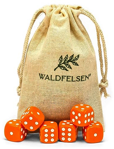 Waldfelsen 6, 12, 20, 30 oder 50 hochqualitative Würfel Standardgröße 16 mm Acrylwürfel Knobel Spielwürfel Dice 6-seitig sechsseitig Spielzubehör Set mit Stoffbeutel (Orange, 6 Stück)