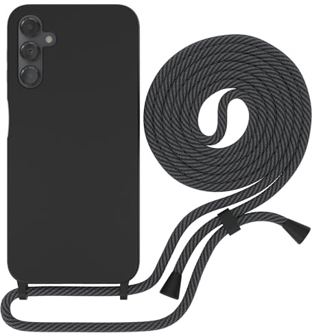EAZY CASE - Premium Silikon Handykette - kompatibel mit Samsung Galaxy A14 5G Handyhülle Silikon mit Kette und Kameraschutz, weich TPU Hülle in Schwarz mit Kordel Anthrazit Clips Black