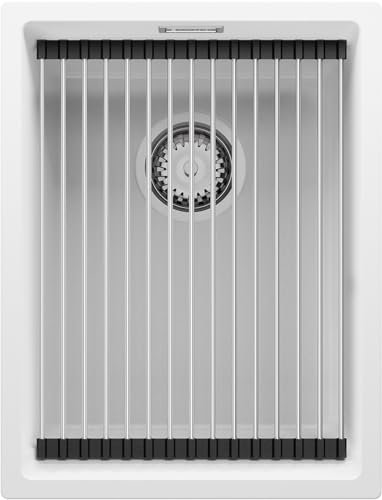 PRIMAGRAN Lavello sottotop Bianco 36x47cm, Lavandino in Granito a 1 vasca + Set di accessori, Lavabo da Cucina al mobile 40cm - Prague S097