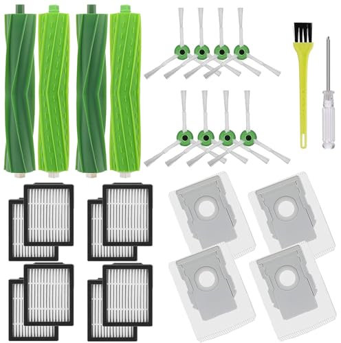 Accessori Ricambi per iRobot Roomba e/i/j, i7 i7+ i3 i3+ i4 i4+ i6 i6+ i8 i8+ E5 E6 E7, 4 Spazzola in Gomma,8 HEPA Filtri,8 Spazzola Laterale, 4 Sacchetti,1 Spazzola di Pulizia
