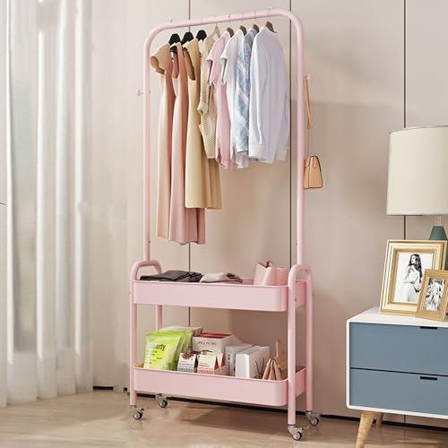 Clothes Rack Metal Clothes Rail Coat rack for bedroom Heavy Duty Clothing Rack Garment Rack 2-Tier Storage Shelves with small wheels Organiser Clothes 68cm Width - Space-Saving Organizer (Pink)