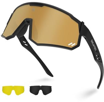 Excoutsty Polarisierte Sport-Sonnenbrille für Herren und Damen, UV400, winddicht, Radsport-Sonnenbrille mit 3 austauschbaren Gläsern (Yellow)