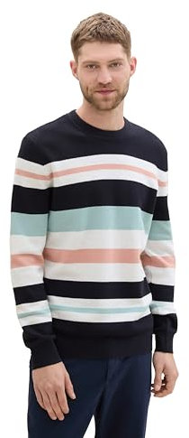 TOM TAILOR Herren 1043234 Strickpullover mit Streifen aus Baumwolle, 36222-Navy Rose Multi Color Stripe, XX-Large
