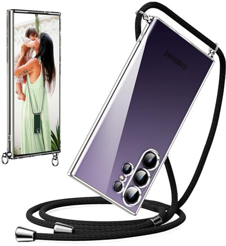 Oududianzi Coque de protection pour Samsung Galaxy S24 Ultra 5G avec bande transparente transparente en silicone TPU souple avec cordon à accrocher autour du cou - Noir
