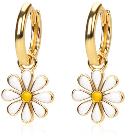 Gänseblümchen-Ohrringe für Damen, Kleine Blumen-Creolen 18K Vergoldet Hübscher Flora-Ohrring mit Kurzem Ohrhänger Niedlicher Leichter Knorpel-Ohrring Schmuckgeschenk für Mädchen (Weiß)