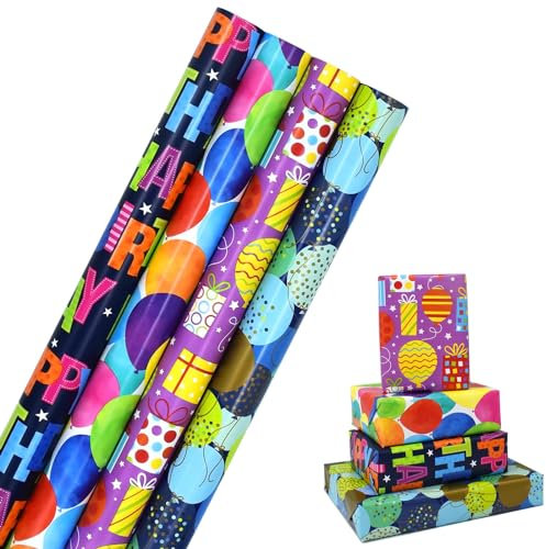 Geschenkpapierrolle zum Geburtstag, 4 Rollen 43 cm x 3 m, buntes Geschenkpapier zum Geburtstag, recycelbar, buntes Geschenkpapier für Weihnachten, Abschlussfeier, Hochzeit, Basteln, Partydekoration