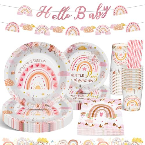 YIMAKJ 81 Pcs BohèMe Decoration Anniversaire, Arc En Ciel FêTe Vaisselle Jetable Anniversaire, BohèMe Baby Shower, Decoration Anniversaire, Comprend Des Assiettes, Gobelets, Pailles (16 InvitéS)