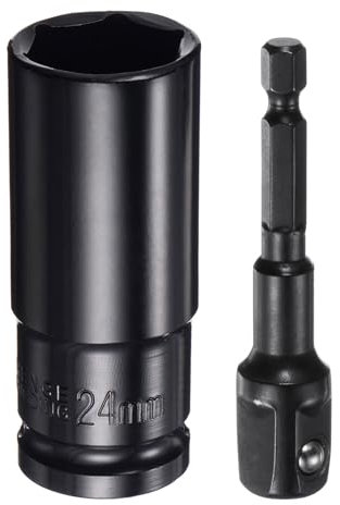 sourcing map 1/2 Drive 24mm 6-Point Deep Sockets 3 Length with 1/2 to 1/4 Hex Shank Adapters Phosphate Coated, CR-V Steel Socket Adapter Accessory Set Kit for Hex Bolts Nuts