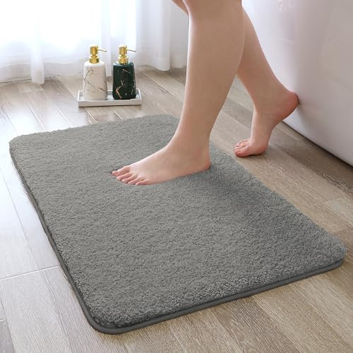 Non Slip Bath Mat Threefold Lifespan Bath Rug for Bathroom Super Soft Absorbent Bathroom Mat Rug Fluffy High Resilience Bedside Rug Carpet Floor Mat, Resist Sinking Flattening - 60 x 90cm (Grey)