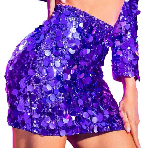 Ushiny Light Up Paillettenrock LED Mini Röcke Glitzernde Rave Outfits Bling Festival Kostüm für Frauen und Mädchen (DE/NL/SE/PL, Alphanumerisch, S, Regular, Regular, Lila)