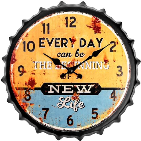 Okllen Bottle Cap Design Retro Wall Clock, 12 inch Metal Vintage Wall Clock Silent Non-Ticking Battery Operated Creative Decor for Beer Bar, Cafes, Farmhouse, Office, Kitchen