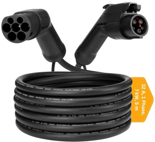 EVloaded | Câble de Recharge Type 2 vers Type 1 pour Voitures électriques – 7kW (32A, AC) – 5m – Compatible avec Nissan Leaf, Kia Soul EV, BMW i3 (US), VW e-Golf (US) – IP54 – Garantie 2 Ans