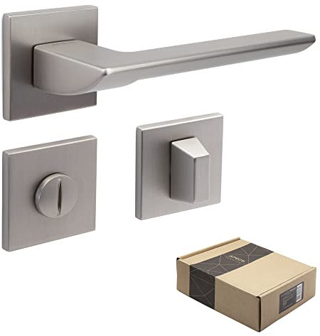 APECS Türgriffe innentüren Modern Türklinke für Haustür und Innentür mit quadratisch Rosetten Türgriff niсkel matt Drückergarnitur mit Befestigungsmaterial Türbeschlag Modell ELECTRA WC - Badezimmer