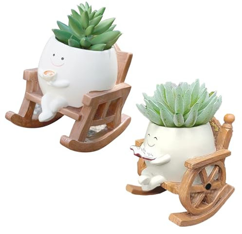 Mini Plantes en Pot Artificielles, 2 Pièces Pots De Fleurs Chaise à Bascule Pot De Fleur Unique Balançoire Visage Pot De Plante Pot Tête Jardinière Mignon Plante Succulente Pot Résine Ornements