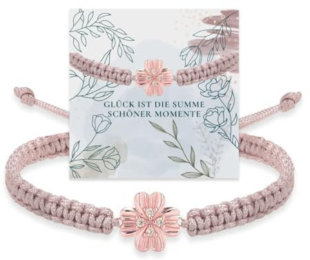 Miss Lovie Kleeblatt Armband Glücksarmband Damen Sterling Silber 925 Handgemachter Glücksbringer Größenverstellbar inkl. Geschenkverpackung (Armband Silber 925 Rosegold Beige)