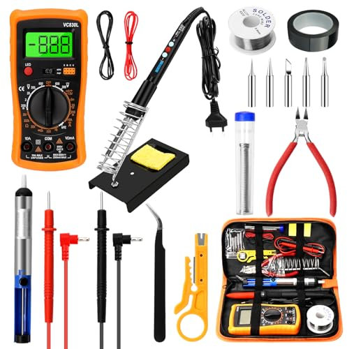 Soldador Estaño, 19 en 1 kit de Soldador 60W con Pantalla LCD, Temperatura Ajustable 180-500℃, con Multímetro digi, 5 Puntas de Soldador Soldador Profesional para Reparaciones Diversas