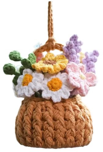 Crochet Hanging Plant Cute Knitted Flowers Car Mirror Hanging Accessories Boho Car Ornament for Rearview Mirror Decor