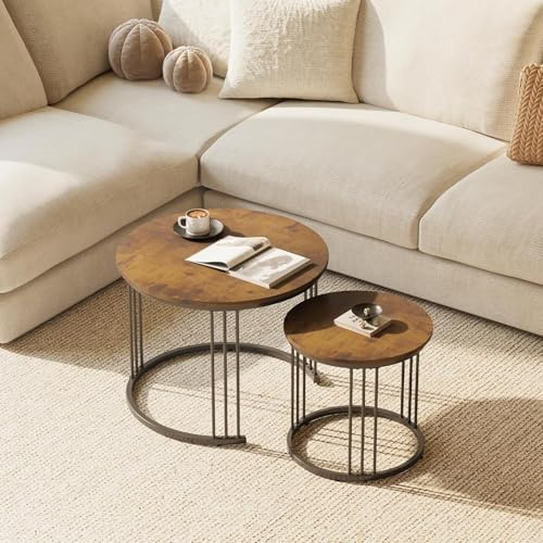 Huhote Round Coffee Tables, Set of 2 End Table, Nesting Tables, Side Table with Metal Frame for Living Room/Bedroom/Balcony/Office/Apartment, Diameter 23.6/15.7 IN (Rustic Brown)