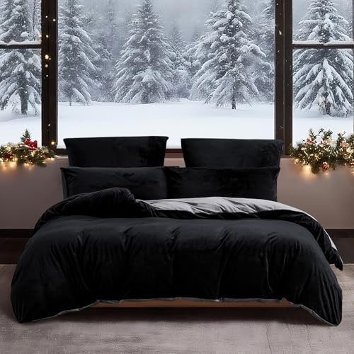 YASMENG Winter Bettwäsche 220x240 Schwarz Grau Warm Kuschelig Flauschige Bettwäsche Winter Weich Samt Plüsch Fleece Flanell Wendebettwäsche 3 Teilig mit Reißverschluss und 2 Kissenbezüge 80x80 cm