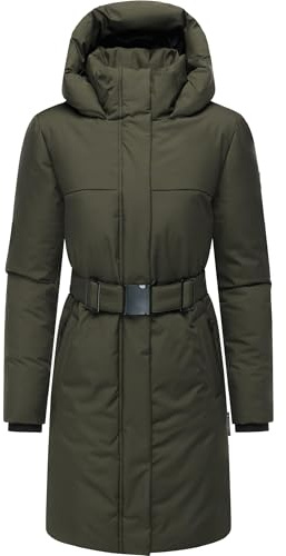 Navahoo Damen Wintermantel warmer Parka mit Gürtel und gefütterter Kapuze Gipfelspass XIV Dark Olive Gr. L