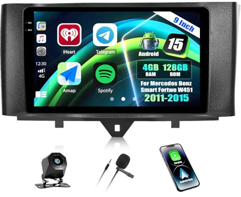 4+128G Android 15 CAMECHO 9 Pollici Autoradio per Mercedes Benz Smart Fortwo W451 2011-2015 con Wireless Carplay Android Auto, GPS Radio Touchscreen con Bluetooth WIFI RDS FM + Telecamera Posteriore