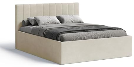 Meblofun Polsterbett RETTAN mit Kopfteil, 160x200 cm, Doppelbett mit Bettkasten und Lattenrost aus Holz, Velourstoff, Farbe: Beige