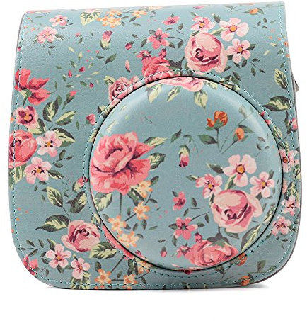 Protective Case Compatible with Fujifilm Instax Mini 8 8+ Mini 9 PU Leather Camera Case Bag (Blue Rose)