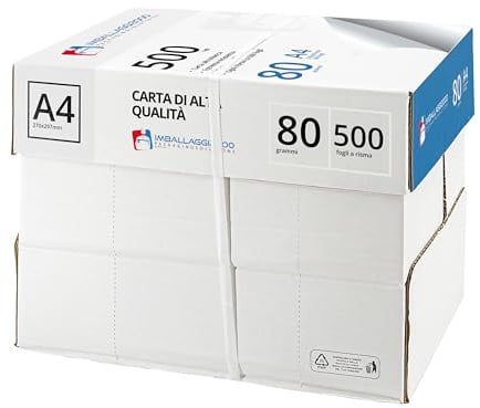 IMBALLAGGI 2000- Risma Carta A4 per Stampante, 5 Risme da 500 Fogli di Alta Qualità, Indispensabile in Ufficio, Pack 5x500 Fogli