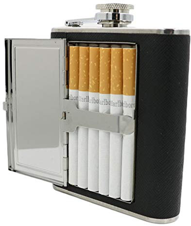 hearsbeauty Portable Stainless Steel Liquor Whiskey Hip Flask 5oz/6oz with Cigarette Case Black 150ml