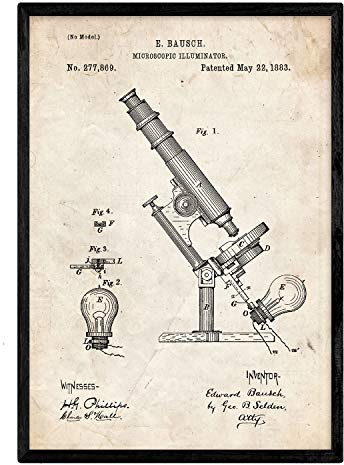 Nacnic Patent Poster mit Lichtmikroskopie. Blatt mit altem Design-Patent in der Größe A3 und Vintage-Hintergrund