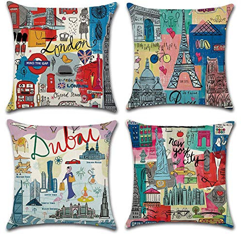 Freeas Kissenbezug 45 x 45 cm, 4 Stück Baumwolle Leinen Großstadt Reisen Kultur Kissenhülle Taille Wurf Kopfkissenbezug für Zuhause Sofa, Schlafzimmer