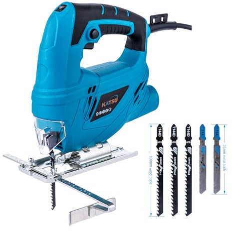 Seghetto Alternativo, KATSU 400W Seghetto Elettrico con 5 Lame, 0~3000 RPM, Angolo Regolabile ± 45°, Velocità Variabile, per Taglio di Plastica Legno Acciaio (Gamma budget) 101624
