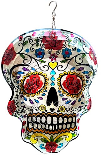 FONMY Moulin à vent en métal 3D cinétique de qualité à suspendre pour la maison et le jardin - 30,5 cm - Motif mandala, rose, sucre et tête de mort