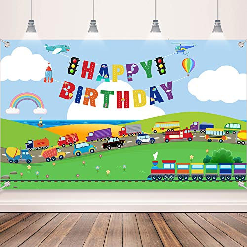 Tatuo Transport Geburtstagsparty Zubehör Verkehr Hintergrund Fotografie Hintergrund Transport Happy Birthday Banner Dekoration Kuchen und Tisch Banner für Jungen Auto Zug Flugzeug Schiff Foto Party