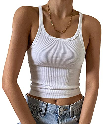 Artfish Women's Sleeveless Tank Top Form Fitting Scoop Neck Ribbed Knit Basic Cami Tight Fitted White L