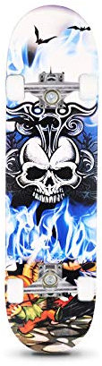 Skateboard Totenkopf Blaue Flamme Skateboard Kinder ab 8 Jahre 80x20cm 7-Lagigem Ahornholz Longboard Double Kick Komplett für Anfänger Jungen Mädchen Erwachsene Profi Penny Board