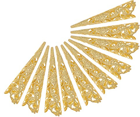 FRCOLOR Finger Nail Tip Claw Rings, Fingertip Rings Nails Decoration Chinese Claws Belly Dance Full False Long for Women, 10pcs (Short type, Gold), 7x1.5cm