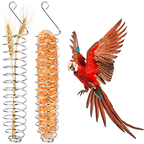 Bubuyun 2PCS Parrot Basket Bird Foraging Toy Parrot Feeder, Skewer Hanging Parrot Feeder, Stainless Steel Bird Skewer for Parrot Bird(26.5×4.5cm, Silver)