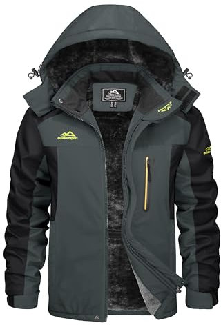 KEFITEVD Übergangsjacke Herren Warm Winter Herrenjacke mit Kapuze Fleecejacke Wasserabweisend Winterparka Männer Angelbekleidung Grau-Schwarz M