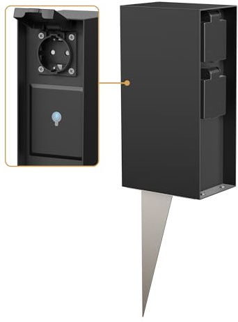 ledscom.de Garten-Steckdosensäule POMI mit Erdspieß für außen, IP44, Smart Home, WLAN, Alexa, 3-Fach, schwarz, eckig, 23cm